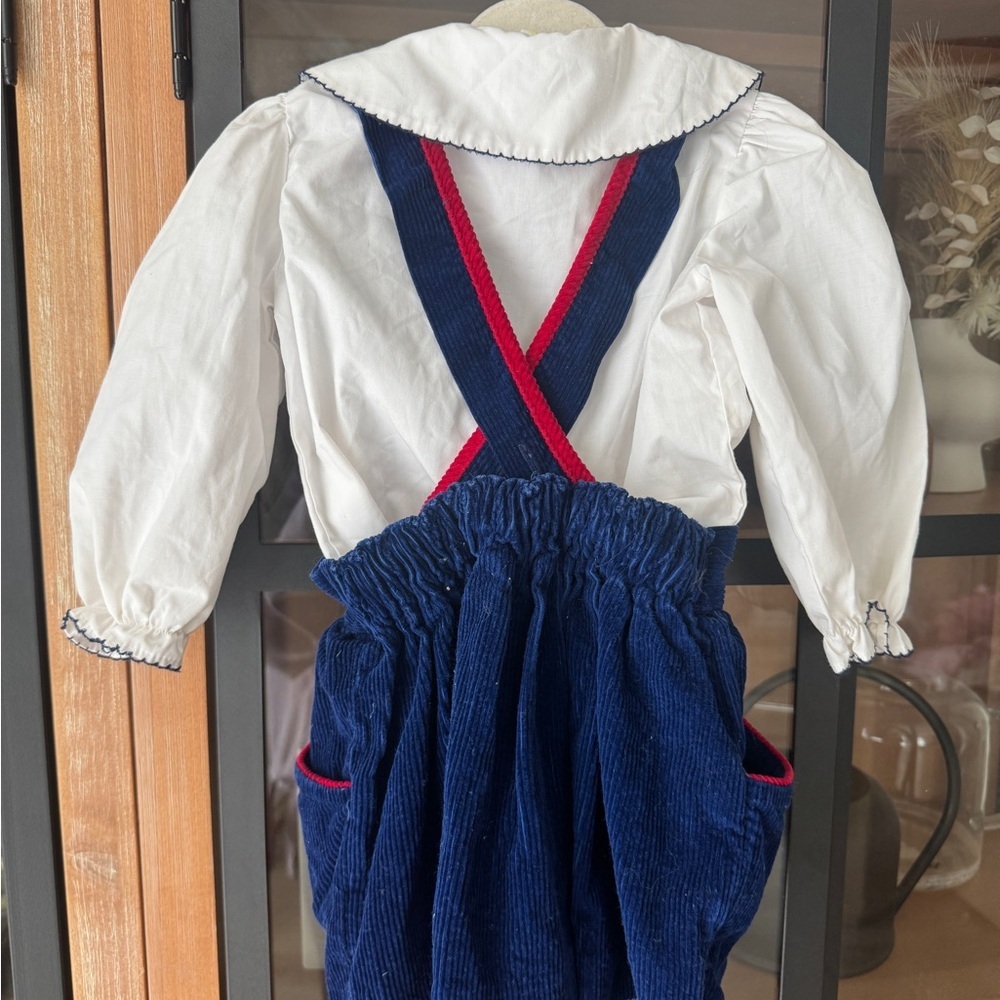Vintage 1994 apples overalls dress set long sleeve top bow school collar toddler - Picture 5 of 10
